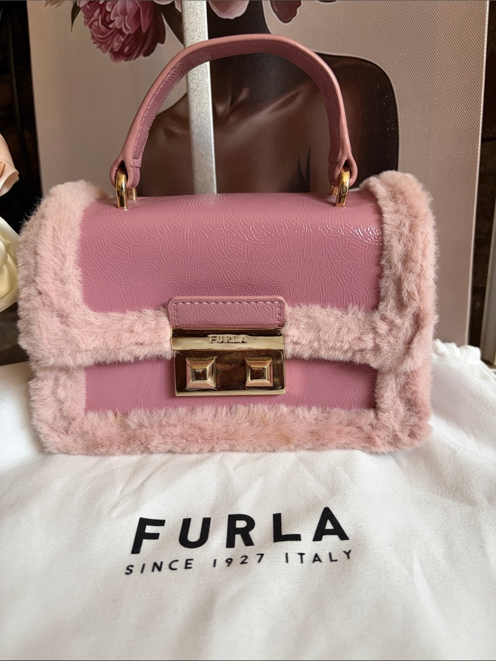 Furla Pink Faux Fur Trim Satchel